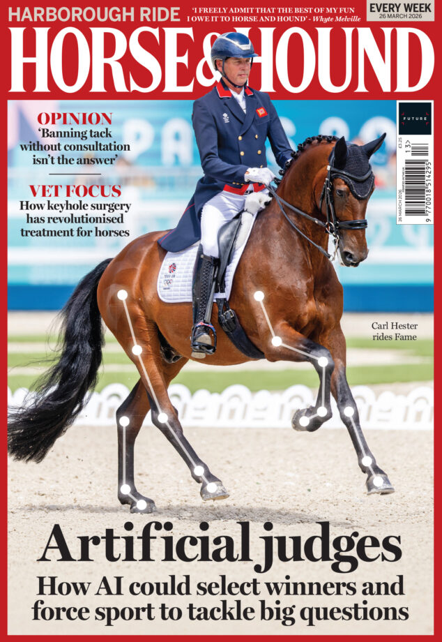 Cover of Horse and Hound featuring dressage rider Carl Hester riding bay stallion Fame. His limbs have a line and dot overlay to represent AI tracking.