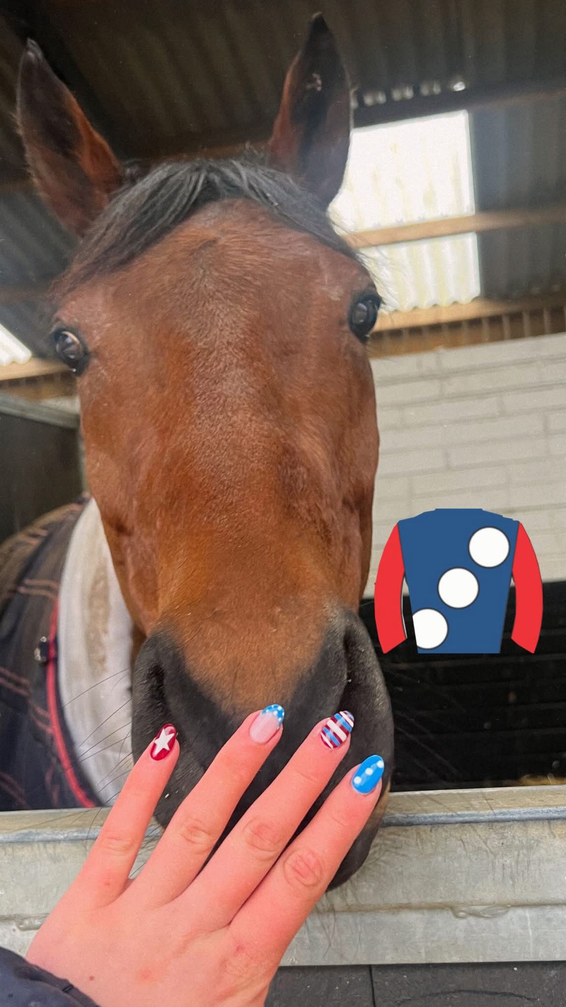 Libby shows off her nails in the red white and blue silks of Ma Shantou's owners the Mighty Acorn Stables.