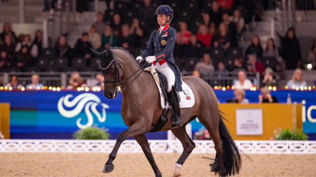 Charlotte Dujardin riding Alive And Kicking in the 2026 World Cup qualifier at the London International Horse Show.
