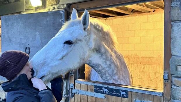 Emma kissing her horse Storm over the stable door