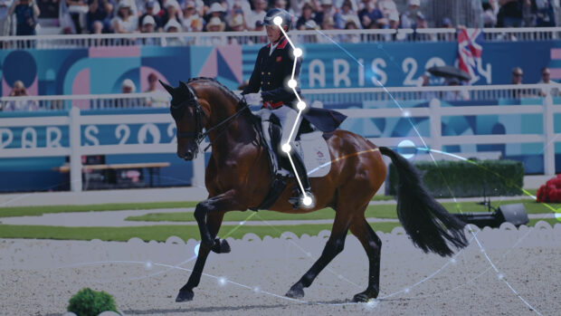 Carl Hester and Fame competing at the Paris 2024 Olympics, overlaid with white dots and lines tracking skeletal points on the rider's body, illustrating how AI dressage judging and motion-capture technology could analyse performance in the arena.