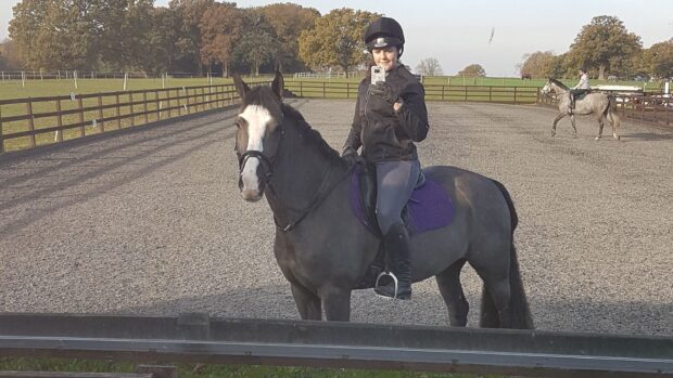 Woman one a dark bay horse taking a photo in an arena mirror