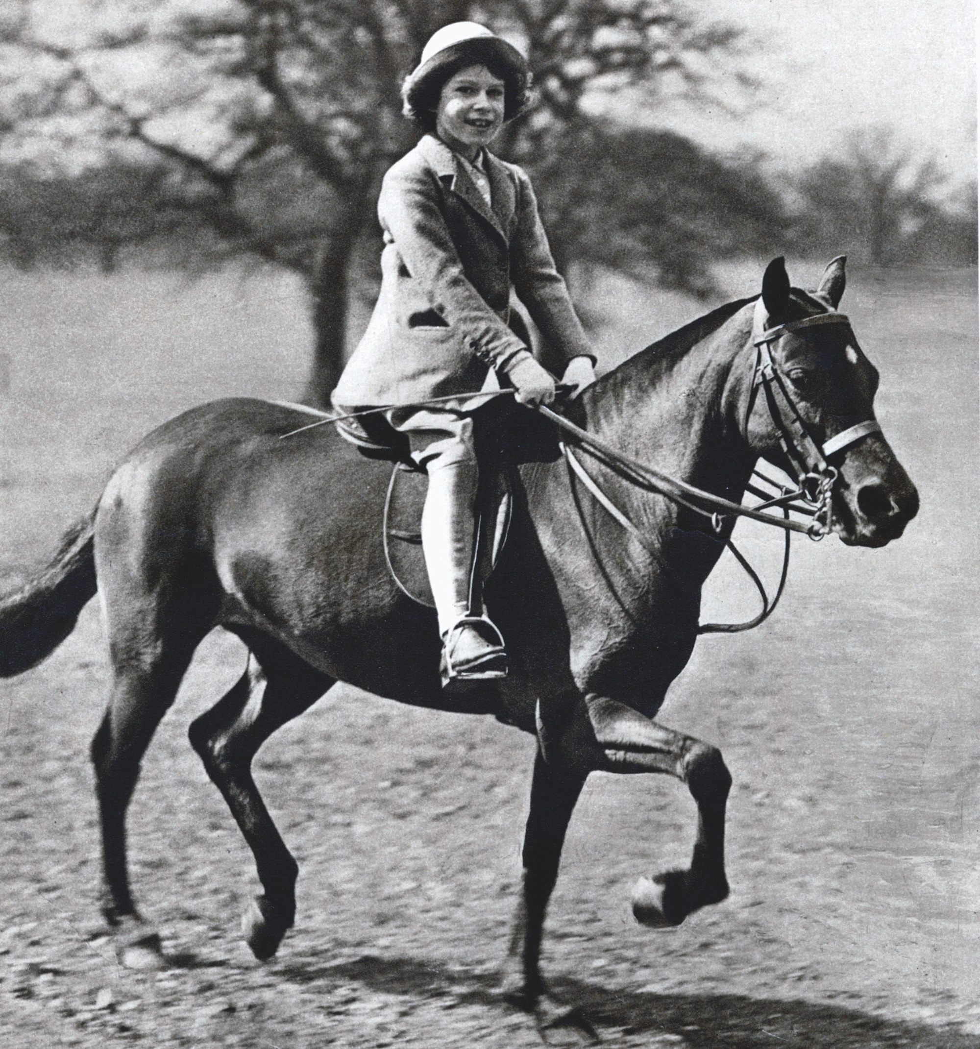 Queen Elizabeth II, then as a princess, riding her pony in Windsor Great Park. Every year in April, many decades before the Queen's 100th birthday, the young princess would have a photoshoot with her horse or pony to mark the occasion.