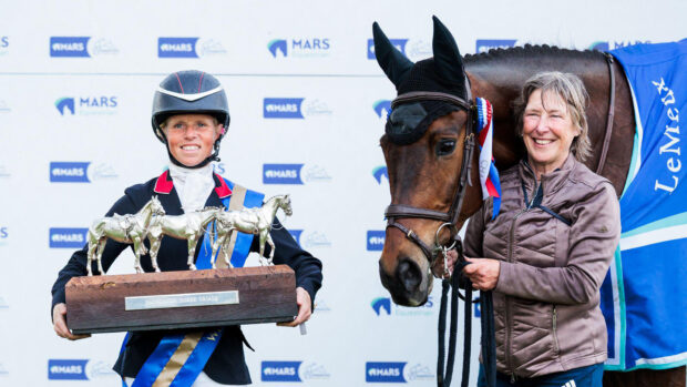 Ros Canter receiving trophy for winning Badminton Horse Trials, with her horse and groom Sarah Charnley
