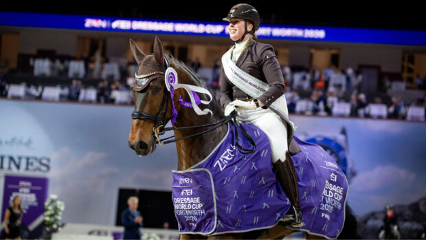 Becky Moody and Jagerbomb in the prizegiving for the 2026 FEI World Cup Final in Forth Worth, Texas.