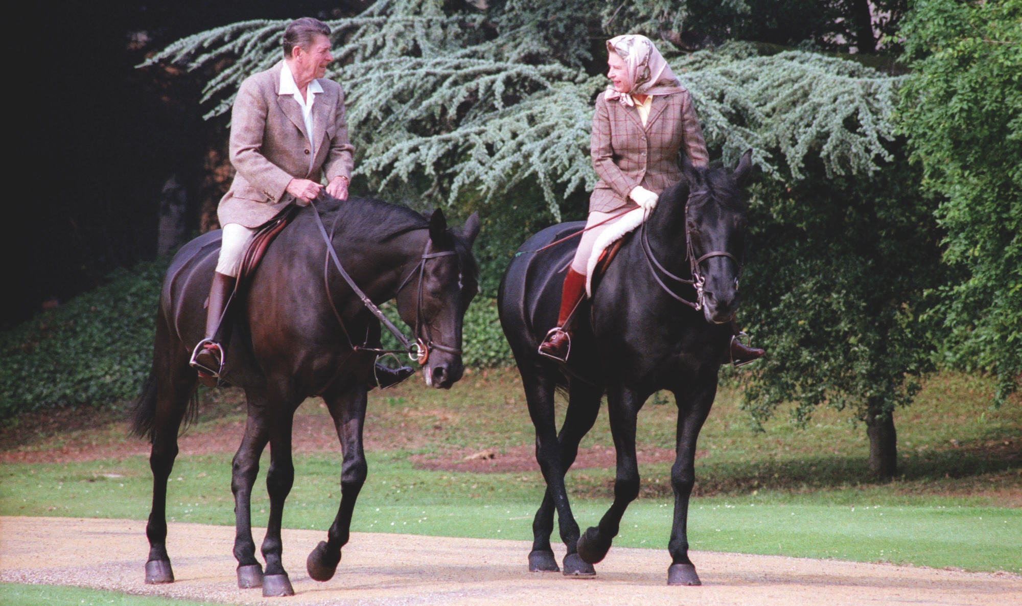 President Ronald Reagan Riding Horses with Queen Elizabeth II During Visit to Windsor Castle, June 8th, 1982.