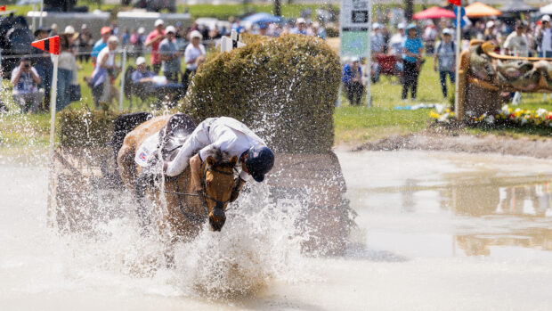 Harry Meade makes a dramatic save on the Kentucky Three-Day Event cross-country course in 2026.
