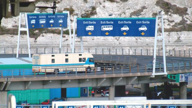 a horsebox heading towards ferry departures at the Port of Dover
