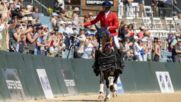 Will Coleman takes a lap of honour after topping the Kentucky Three-Day Event results for 2026.