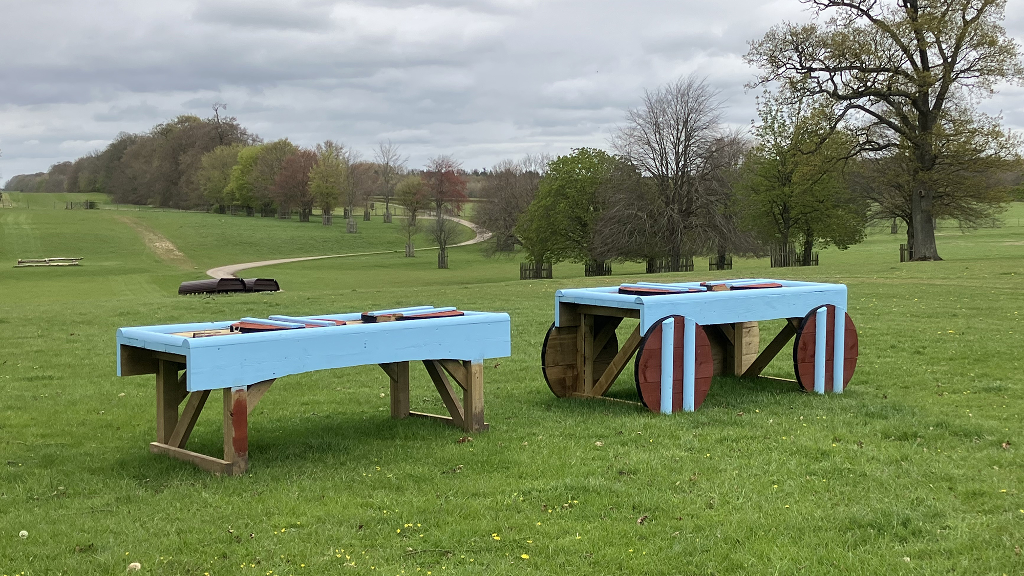 The blue cross-country table jumps built to look like traditional brewers drays.