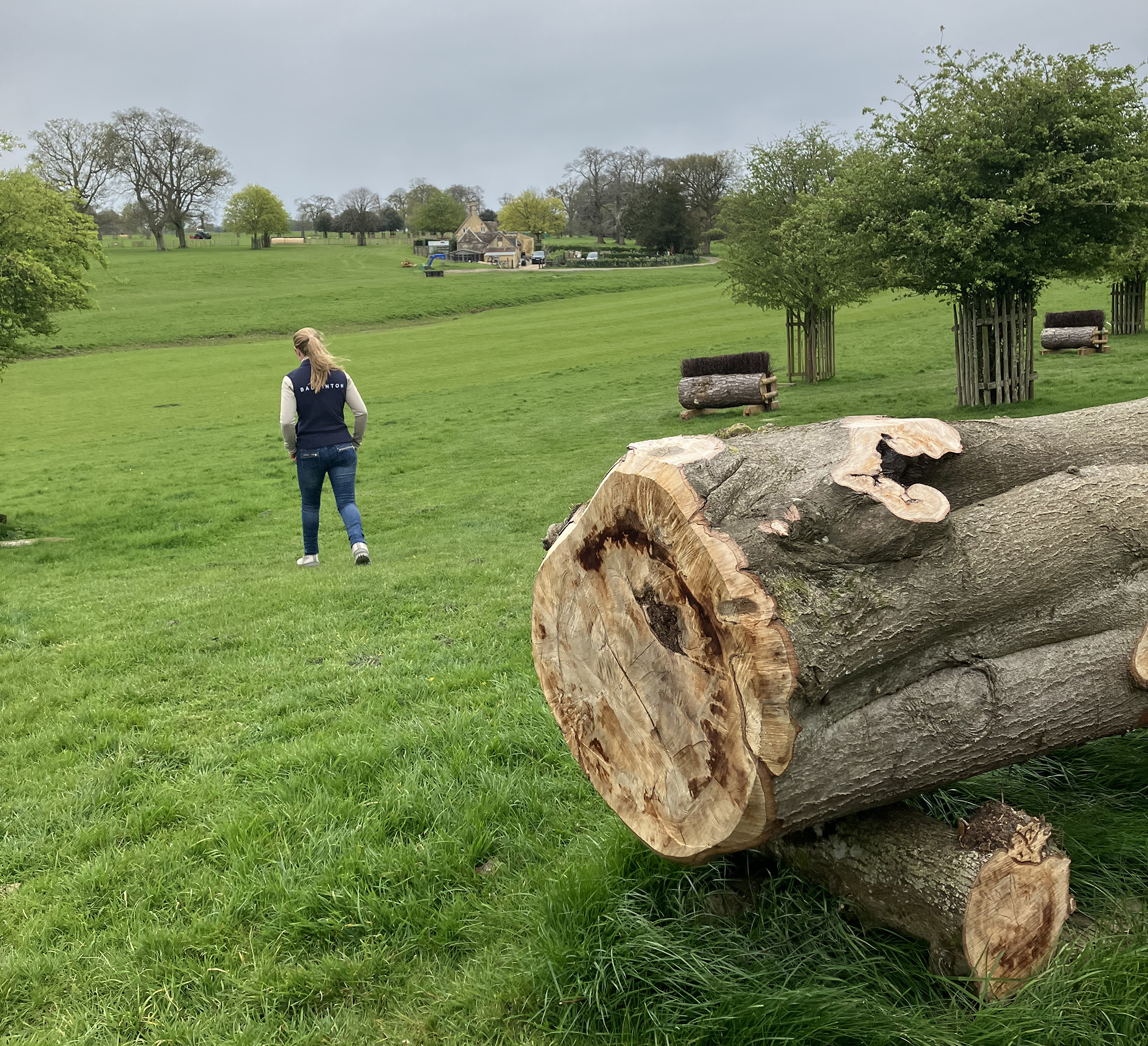 Kitty King walks the line between the log and the first brush skinny fence on the Badminton grassroots cross-country course.