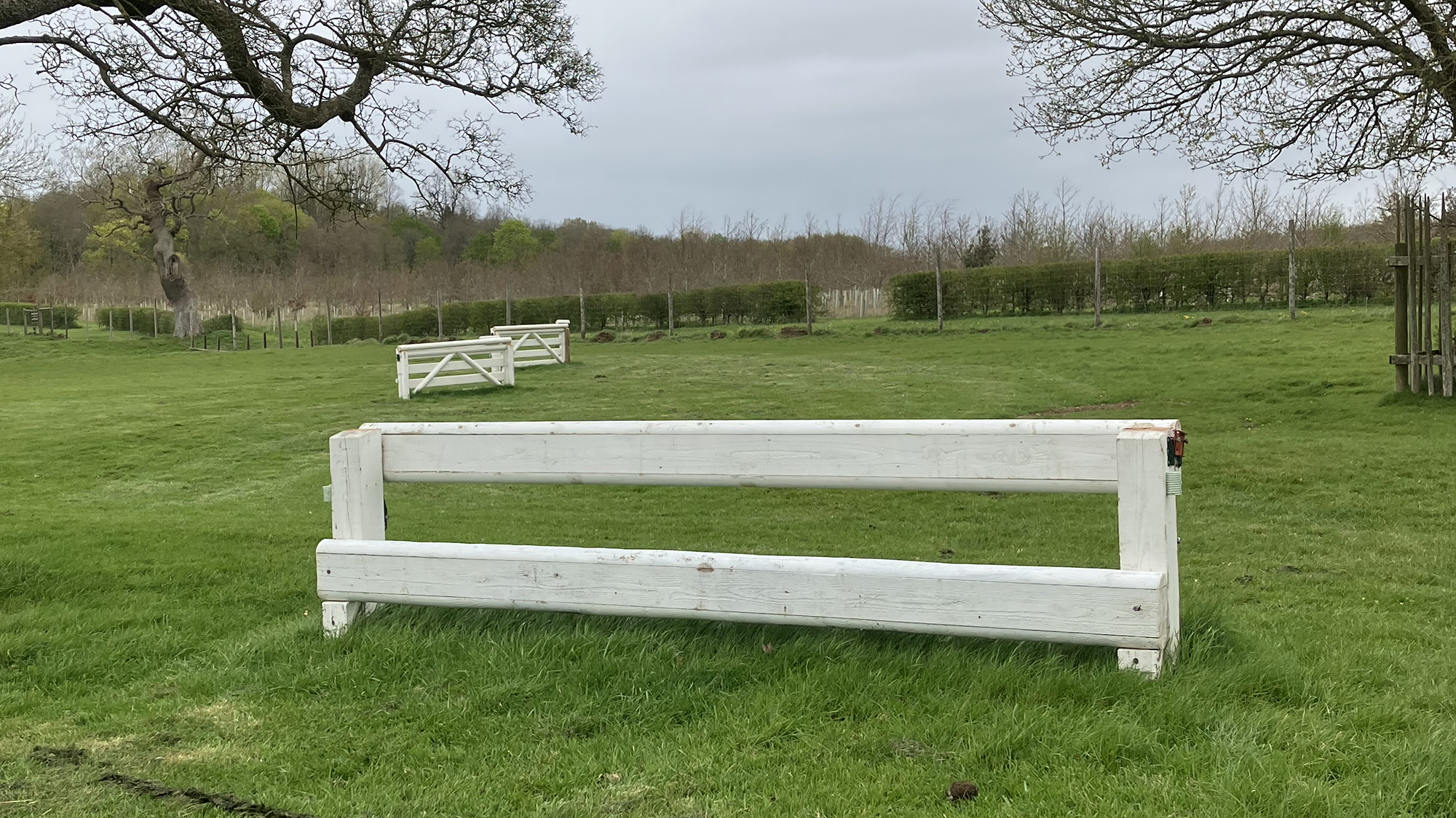 White rails with two white gates set at around 90 degrees in the background