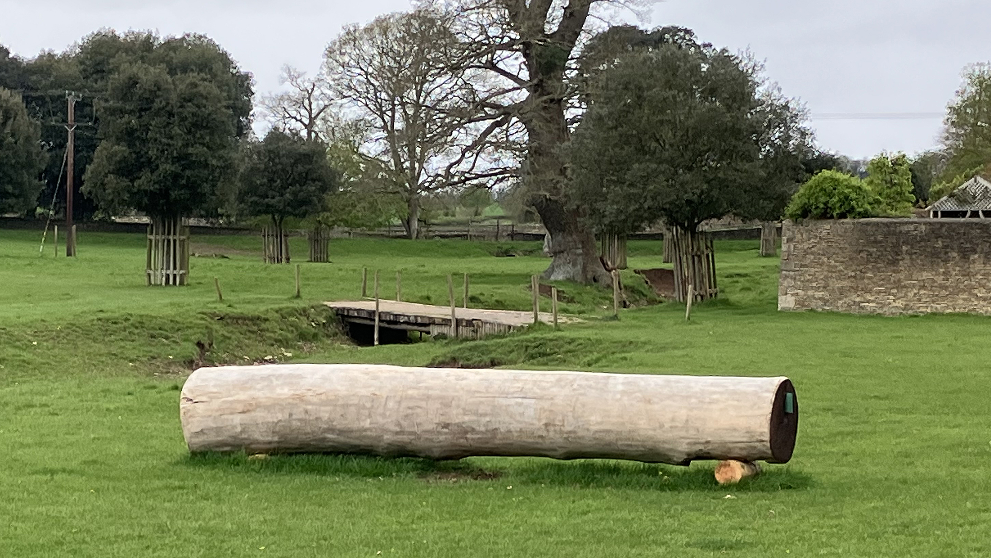 A log with a bridge across a ditch in the background
