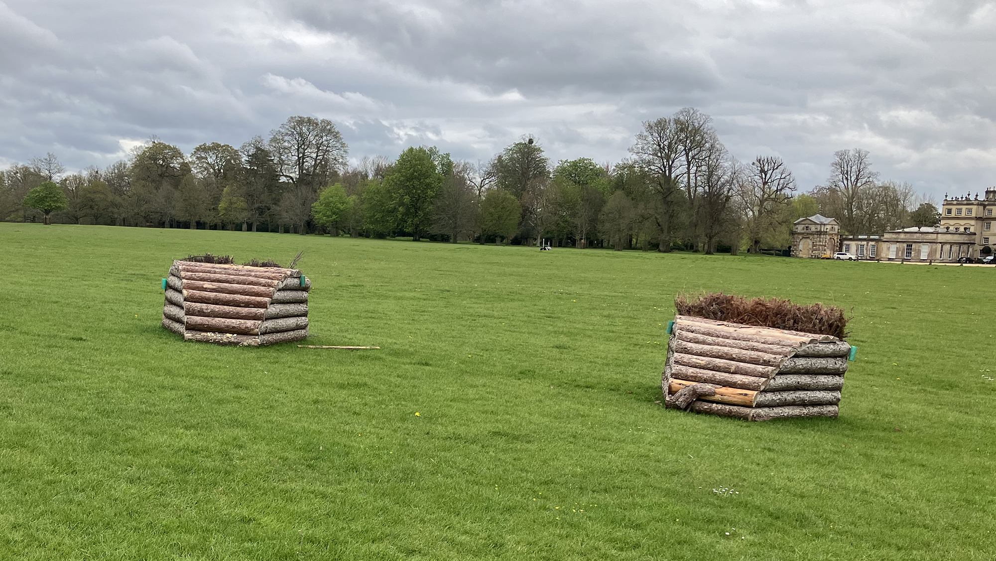 Two skinny roll top brush fences on the Badminton grassroots cross-country course