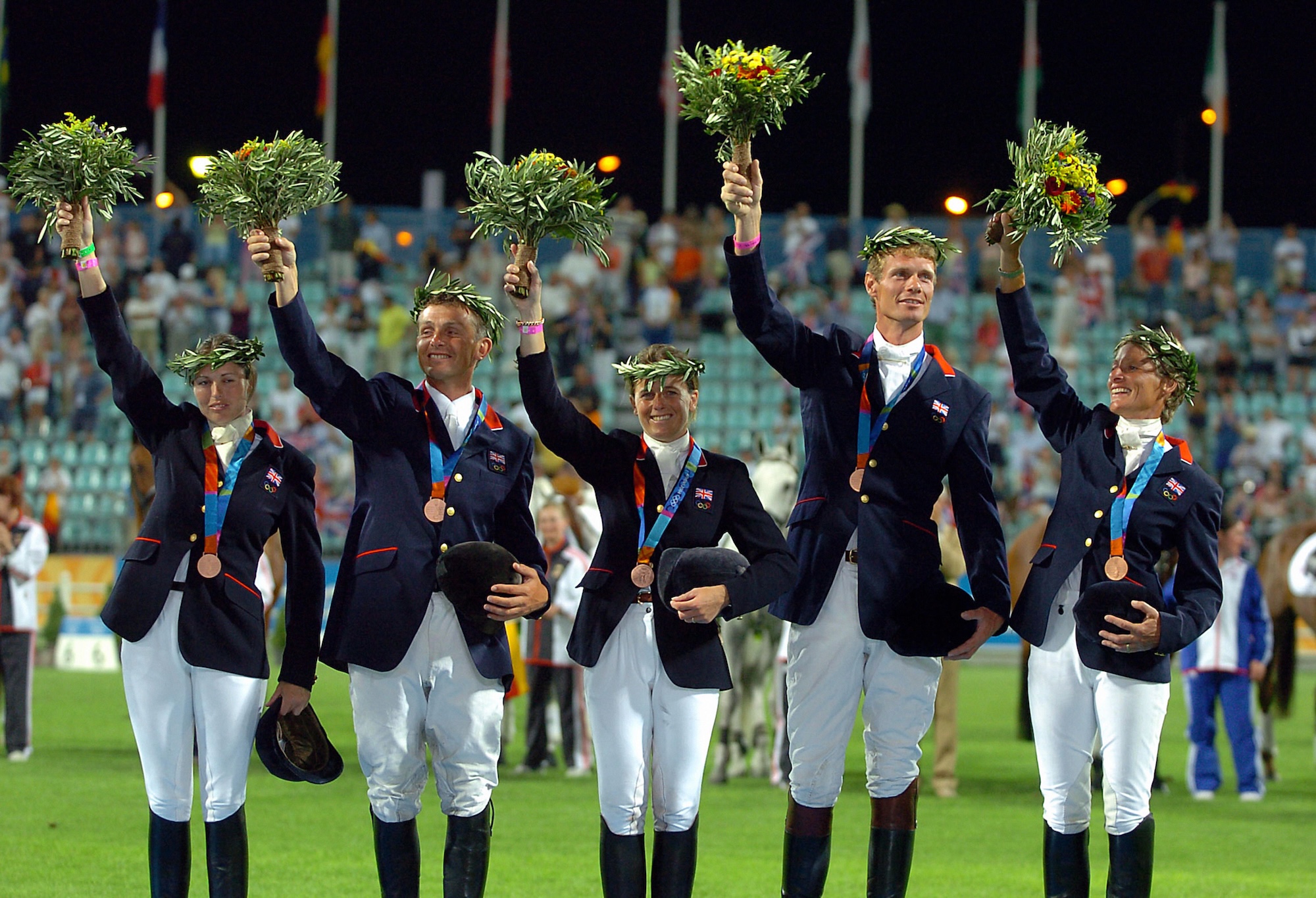 Mary, William, Jeanette, Pippa Funnell and Leslie Law at the Athens Olympics