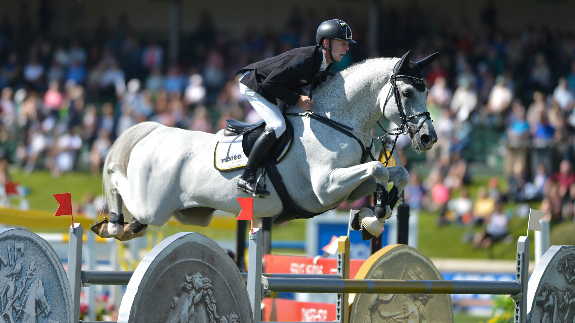 Marcus Ehning and Cornado NRW competing in Spruce Meadows, Calgary, Alberta, Canada, in 2018.