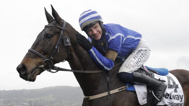 Energumene with Paul Townend riding celebrate after their win in the Champion Chase during racing on day two of the Cheltenham National Hunt jump racing festival at Cheltenham Racecourse on March 15th 2023 in Gloucestershire, England (Photo by Tom Jenkins/Getty Images)