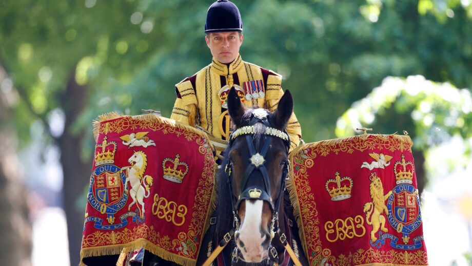 LONDON, UNITED KINGDOM - MAY 12: (EMBARGOED FOR PUBLICATION IN UK NEWSPAPERS UNTIL 24 HOURS AFTER CREATE DATE AND TIME) Drum Horse 'Juno' of the Household Cavalry Mounted Regiment, whose mount's uniform bears the cypher of King Charles III, leads the Centenary Parade of The Combined Cavalry Old Comrades Association at the Cavalry Memorial, Hyde Park on May 12, 2024 in London, England. The parade, which consists of serving and former soldiers (wearing traditional 'walking out dress' of bowler hats, suits, regimental ties and carrying furled umbrellas) of all Regiments of the Regular Cavalry and Yeomanry, marches past the Cavalry Memorial, a bronze sculpture depicting St George on horseback stepping over a slain dragon. (Photo by Max Mumby/Indigo/Getty Images)