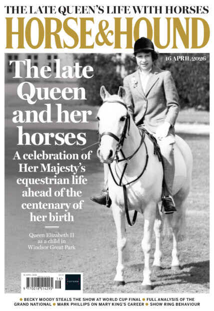 Cover of Horse & Hound featuring a black and white image of Queen Elizabeth II as a girl, riding a grey pony