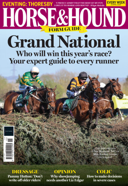 Cover of Horse & Hound featuring racehorses jumping a national hunt hedge