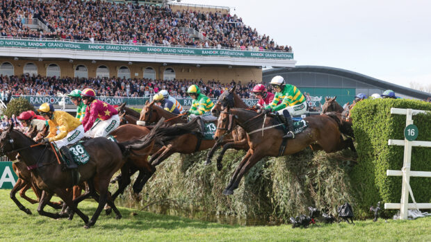 Racehorses clear the chair on the Grand National course at Aintree.