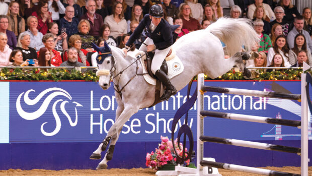 Matt Sampson riding Balento CS in the Mistletoe Stakes at London International Horse Show
