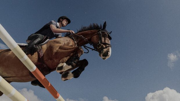 A horse and rider clear a fence against blue sky