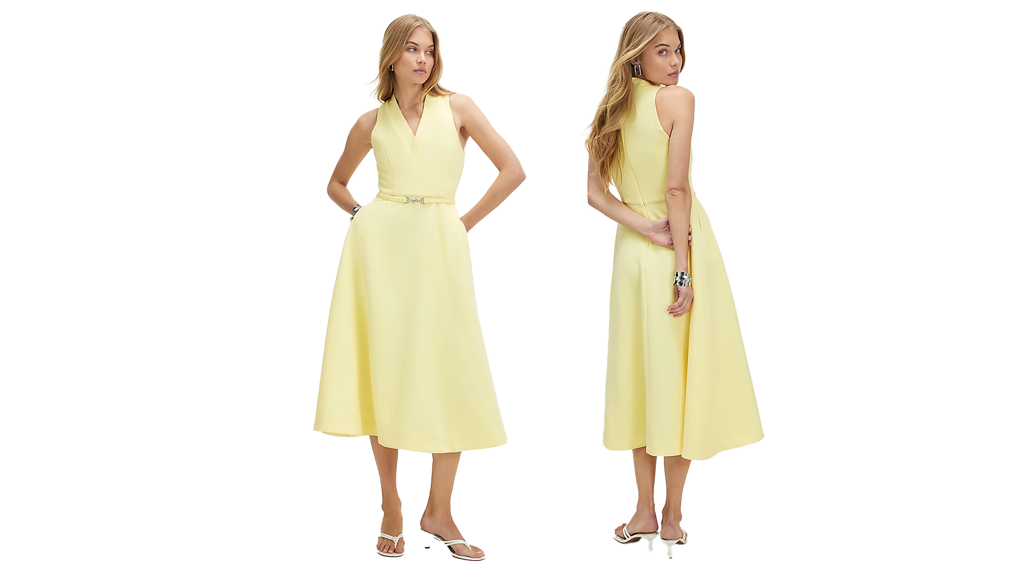 River Island Yellow Sleeveless Belted Midi Dress