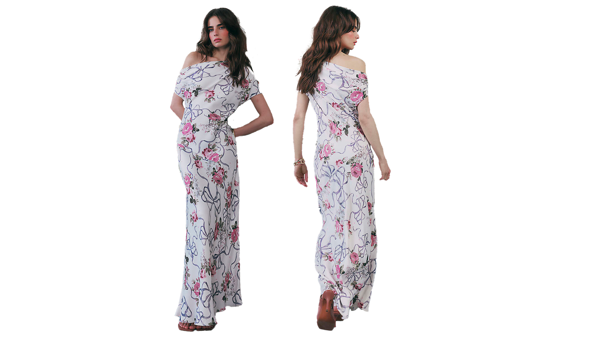 River Island x Cabbages & Roses Cream Floral Asymmetric Neck Maxi Slip Dress