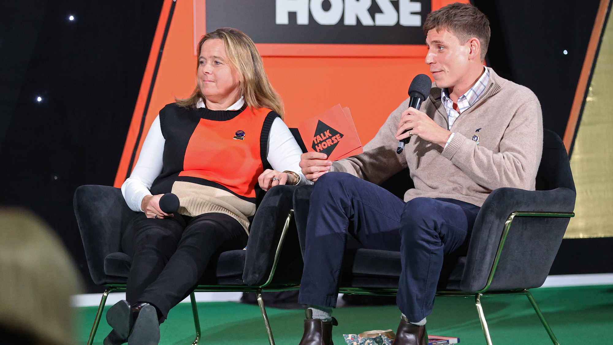 Pippa Funnell and Tristan Phipps presenting a live recording of the Talk Horse Podcast
