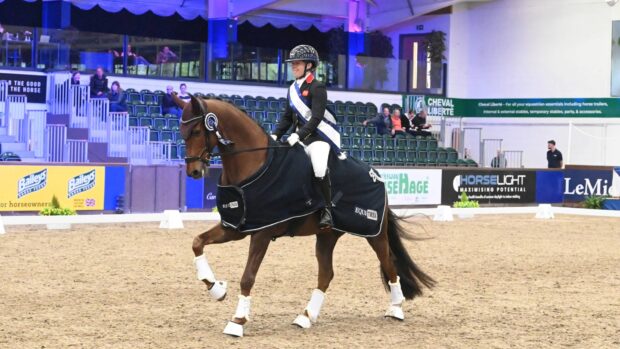 woman riding a horse at a canter. She wears a winners sash and the horse wears a winners rug