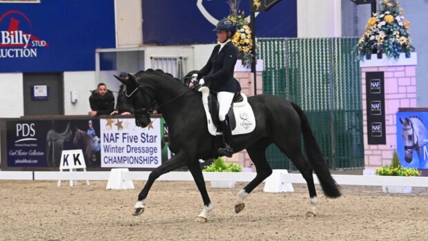 Sadie Smith riding Times Rococo, a black mare, at a trot in an indoor arena at the winter dressage championships