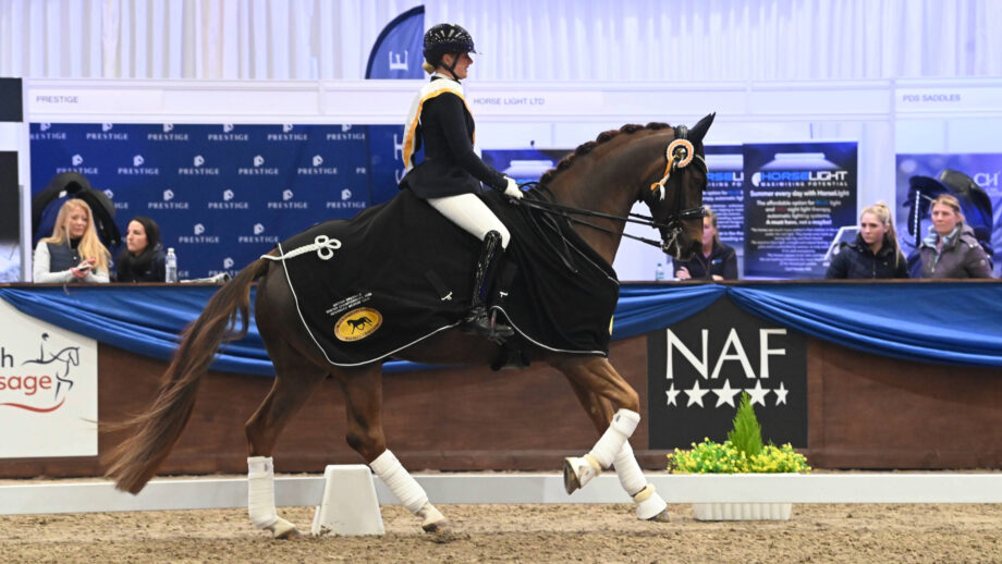 Sadie Smith wins the Black Country Saddles advanced medium gold on Times Oddjob at the Winter Dressage Championships.