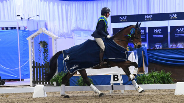 Hannah Comery riding her horse, Ballylahive Prince, in the prizegiving after winning the prelim bronze at the Winter Area Festival Championships.