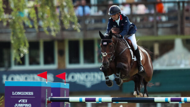 Tim Gredley in action on Medoc De Toxandria during the The Longines FEI Jumping Nations Cup of Great Britain at Hickstead.