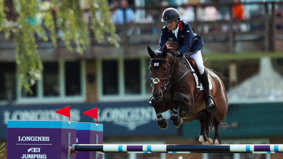 Tim Gredley in action on Medoc De Toxandria during the The Longines FEI Jumping Nations Cup of Great Britain at Hickstead.