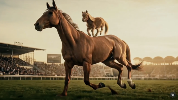 A still from the Aachen AI video showing a horse being ridden by a Shetland in the Aachen arena