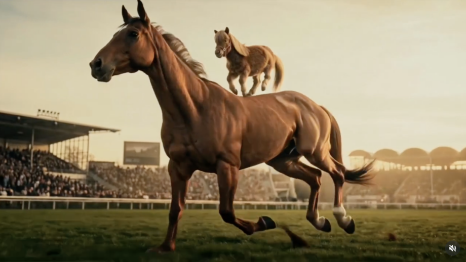 A still from the Aachen AI video showing a horse being ridden by a Shetland in the Aachen arena