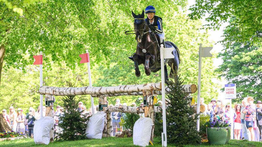 Tiana Coudray and Cancaras Girl jump a cross-country fence at Badminton 2025.