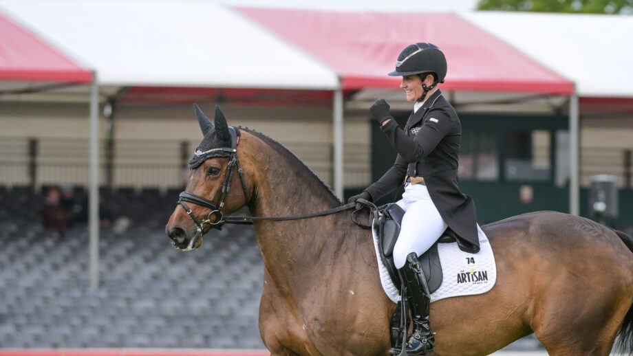 Caroline Powell shows her delight after a good Badminton dressage test on Greenacres Special Cavalier.