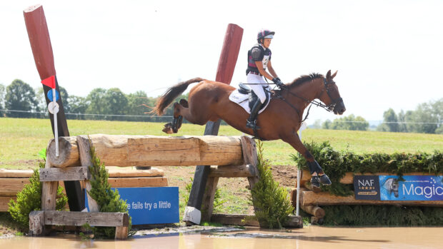 Sarah Bullimore and Corimiro pictured on the Badminton Horse Trials cross-country.