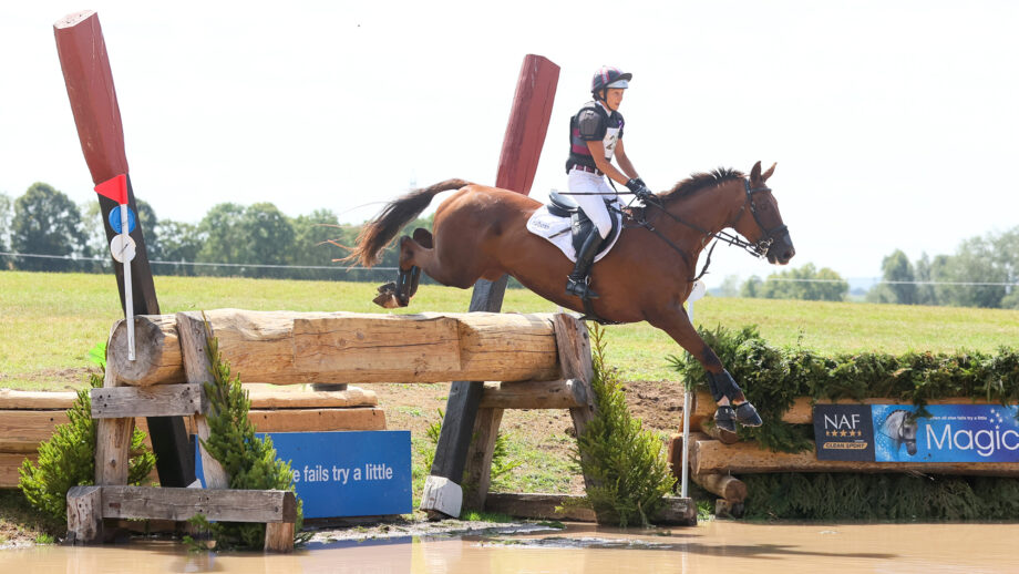 Sarah Bullimore and Corimiro pictured on the Badminton Horse Trials cross-country.