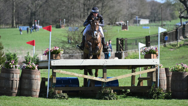 Tim Price and Falco jump a cross-country fence at Thoresby 2025.
