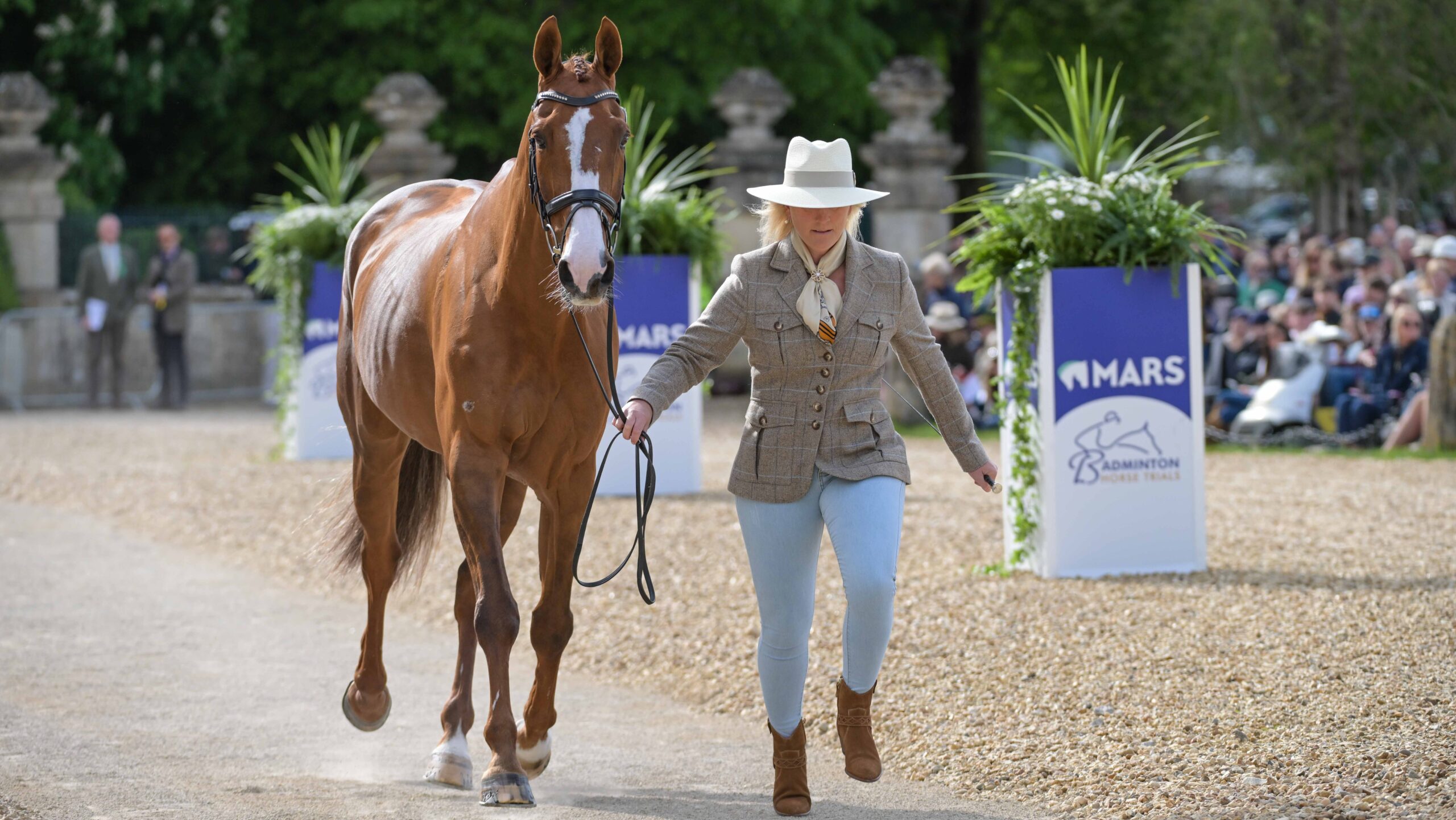 Gemma Stevens and Chilli Knight at the 2026 Badminton first trot-up. 