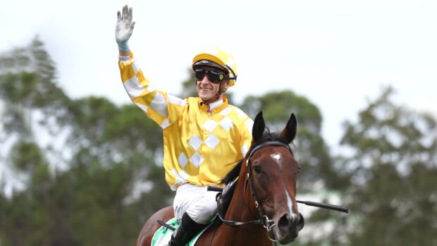 Jockey Blake Shinn waves to the crowd on Lady Of Camelot after a win