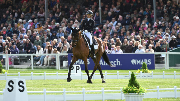 Emily King and Valmy Biats in the Badminton dressage in 2025.