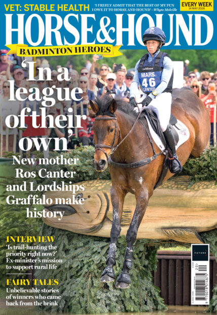 cover of Horse & Hound featuring Ros Canter and Lordships Graffalo jumping into a lake at Badminton