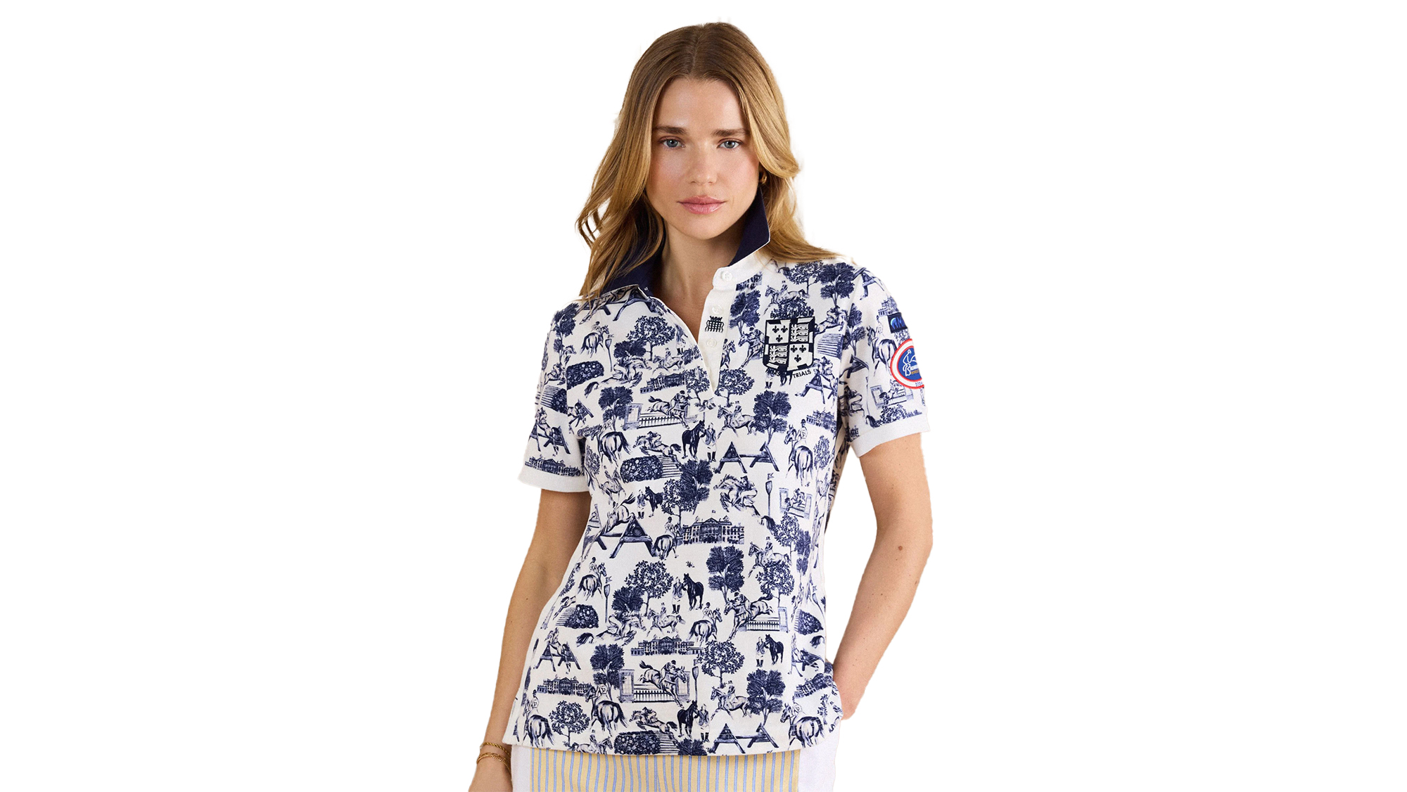 Joules Cream & Blue Official Badminton Horse Trials Equestrian Print Pique Polo Shirt