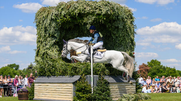 Lara de Liedekerke-Meier and Hooney D’Arville jump a cross-country fence at Badminton Horse Trials 2025.