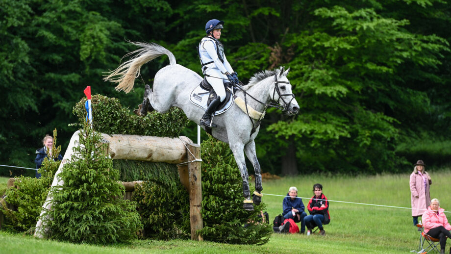 Bubby Upton and Its Cooley Time jump a cross-country fence at Bramham Horse Trials 2025.